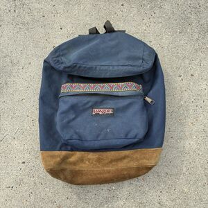 Vintage Jansport Backpack Blue Suede Bottom Canvas Aztec Trim Outdoors USA Made